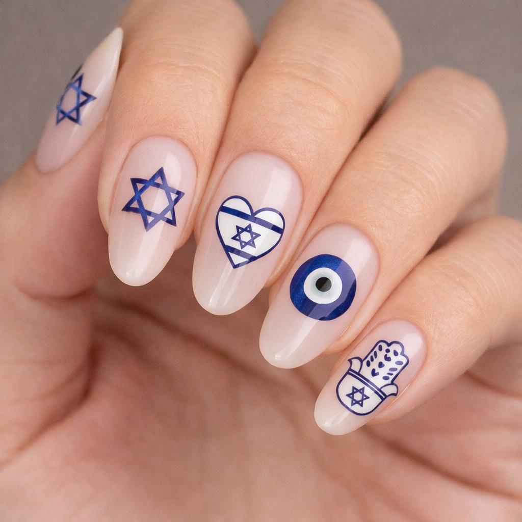 Blue Israeli symbols applied to a pale pink manicure