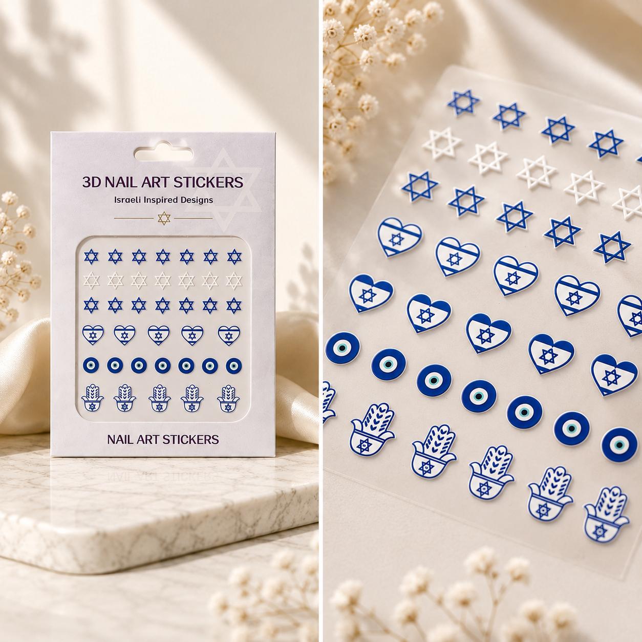 Blue and white Israeli symbols nail sticker pack and sheet